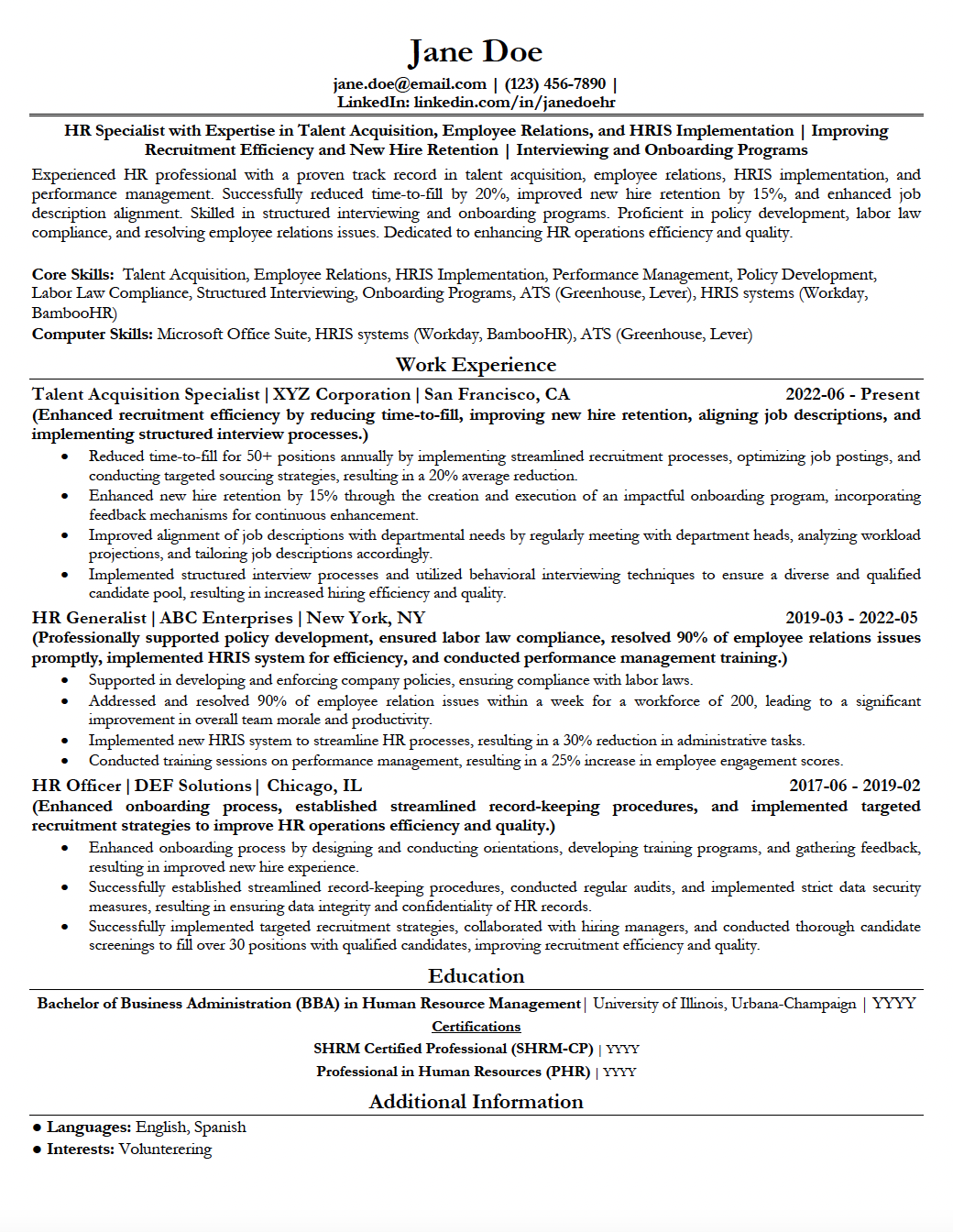 HR_Resume Sample HR Resume Sample