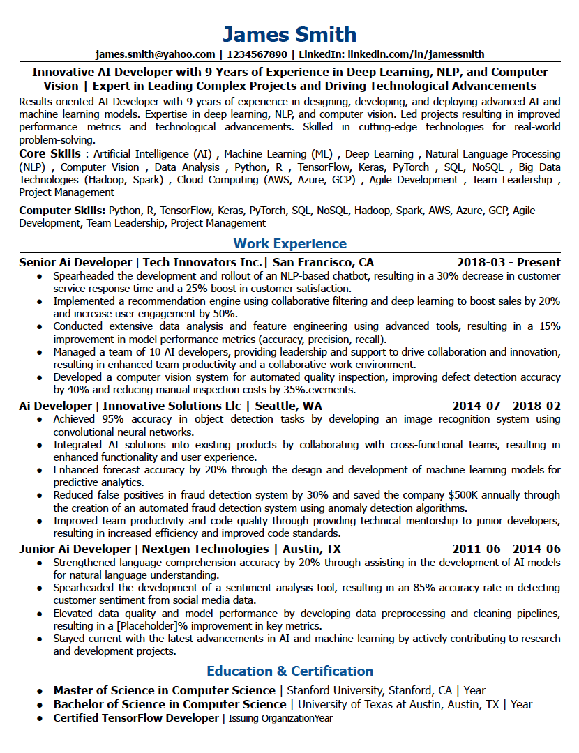 AI Developer Sample Resume