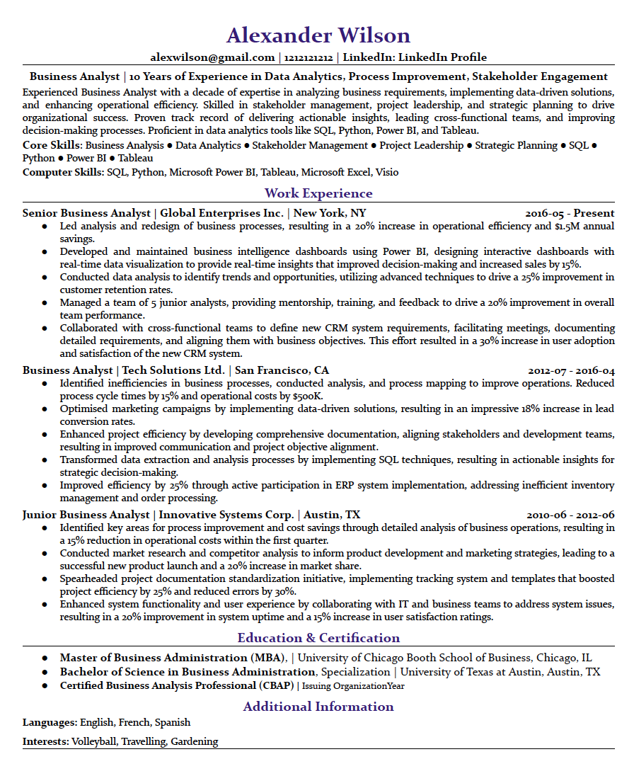 Business Analyst Business Analyst Sample Resume