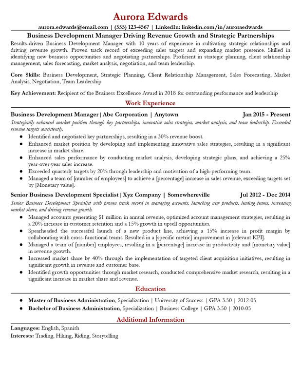 Business Development Manager Sample Resume